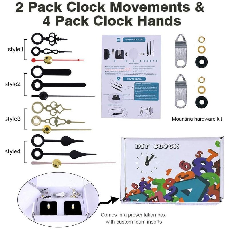 EMOON 2 Pack Clock Movement Mechanism with 4 Pairs of Short Hands Battery Silent Sweep Operated Quartz Clock Motor Kit DIY Repair Parts Replacement, 3/4 Inch Total Shaft Length - Image 3